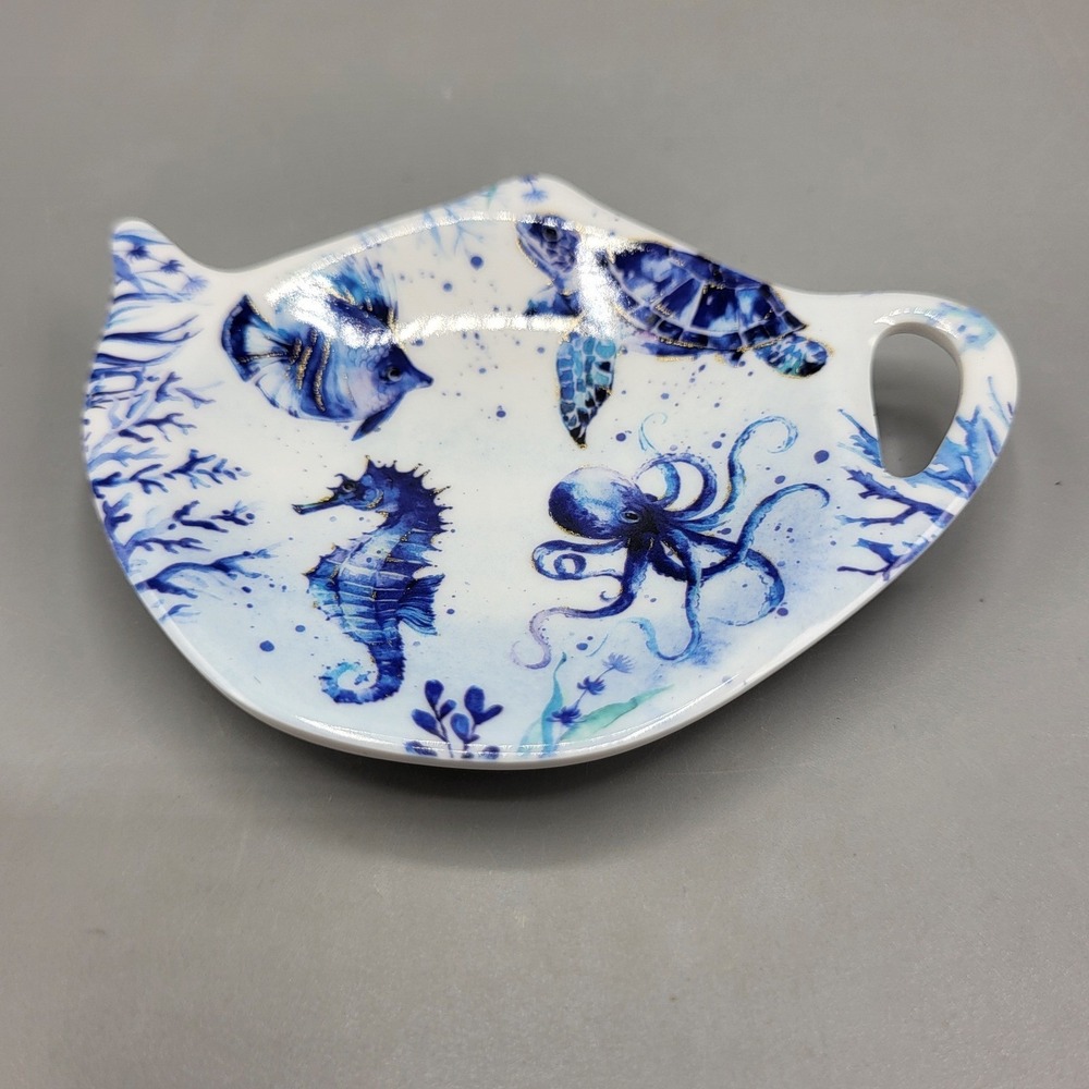 UP Tea Bag Rest Holder Spoon Rest Under Sea Octopus Turtle Seahorse Blue White